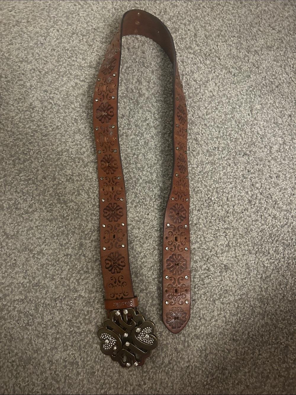 Miss Me small Brown Tooled Leather Belt with Decorative Rhinestone Buckle